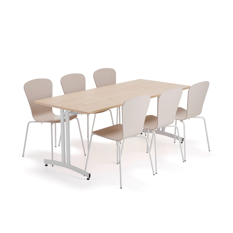 Zostava nábytku SANNA + MILLA, 1 stôl, 6 stoličiek, biela/piesková