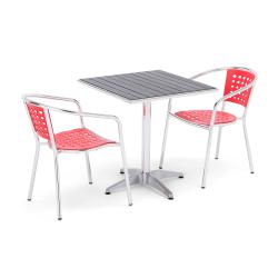 Zostava: Kaviarenský stôl + 2 hliníkové stoličky, červené